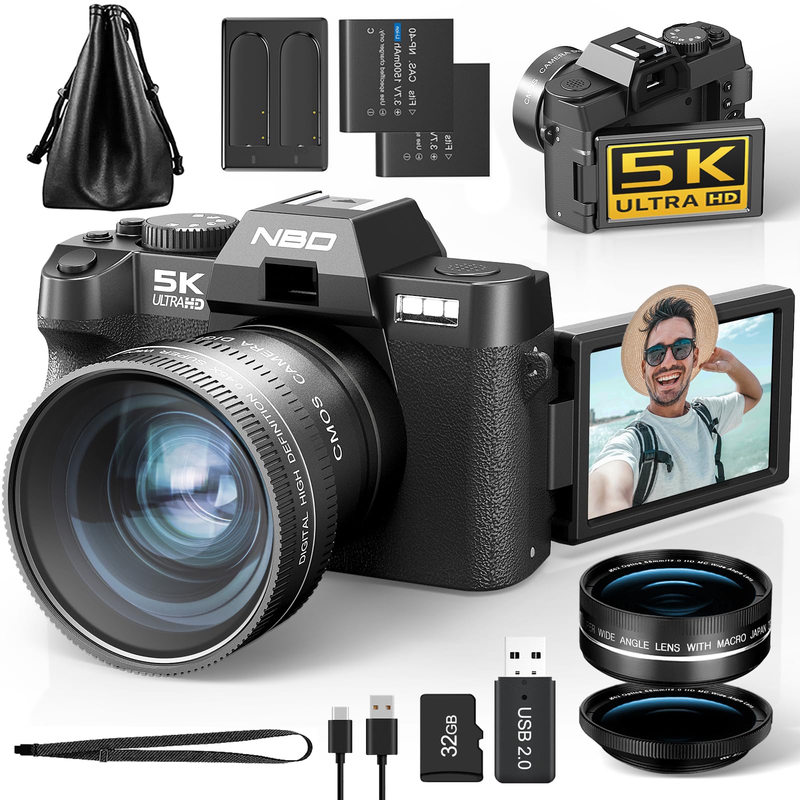 

NBD 5K 48MP Digital Camera and App 16x Zoom SLR Camera with Screen Image Stabilization Macro Lens Webcam Functions 32GB microSD Card Two Included