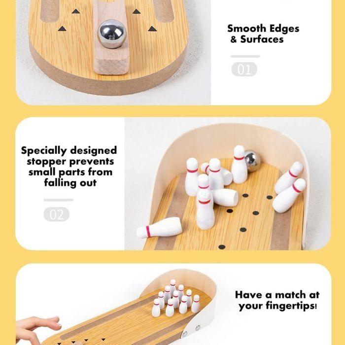 Jeu de bowling - KCVV - Mini bowling - 10 quilles - Bois massif - Acier inoxydable