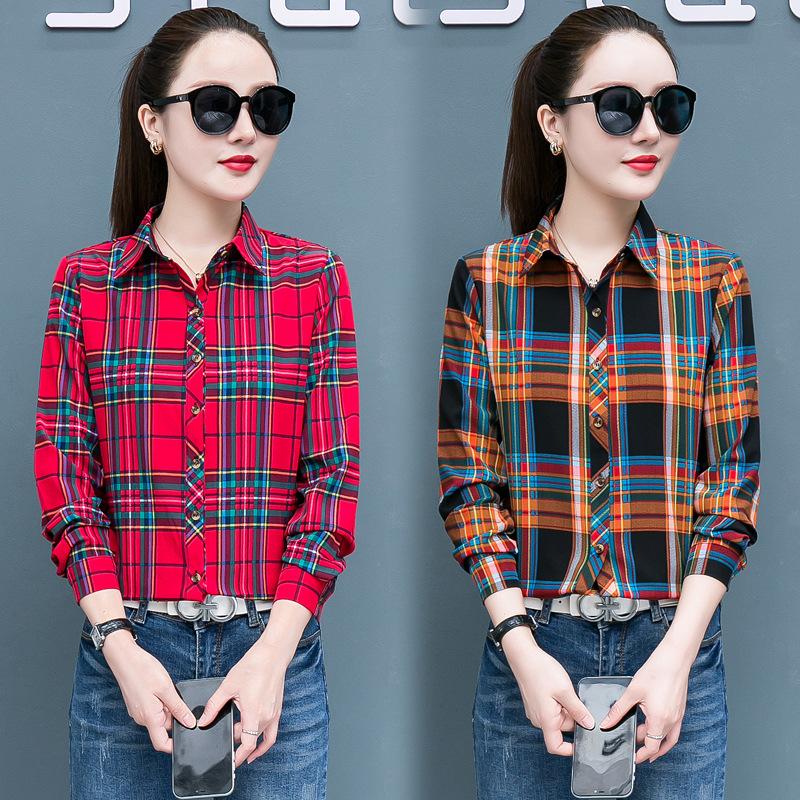 Geruit Overhemd Dames Honderd Dames Tops Los Retro Hong Kong Smaak Lange Mouw Overhemd