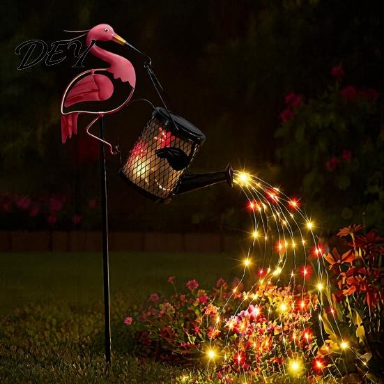 Decorative Flowing Water Effect Lamps Flamingo Garden Statue with Solar Watering Can Lights, Iron Outdoor Light Strings Lawn Ornament for Patio