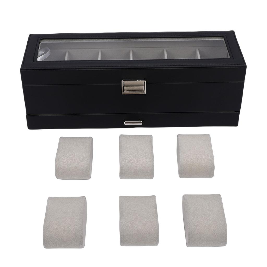 Watch Box 6 Slot Watches Display Case 2 Layer Jewelry Organizer Storage Holder Organizer Black