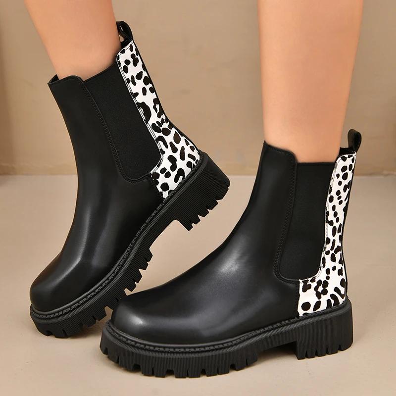 Fashion Leopard Print Chelsea Boots Women Thick Sole Non Slip Ankle Boots Women Autumn Slip On Pu Leather Botas Mujer