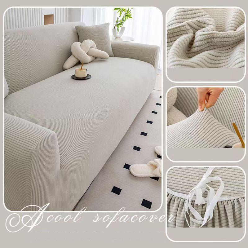 High Elasticity Polar Fleece Sofa Cover Four Season Thin Stripe All Inclusive Armchair Protector Solid Living Room Couch Covers