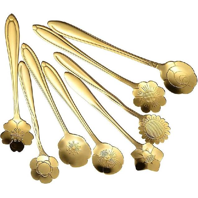 16 Pieces Flower Coffee Spoon, Stainless Steel Tea Spoon Gold Dessert Stirring Spoon Set, Creative Coffee Spoon Sugar Spoon Ice Cream Spoon Tea Spoon