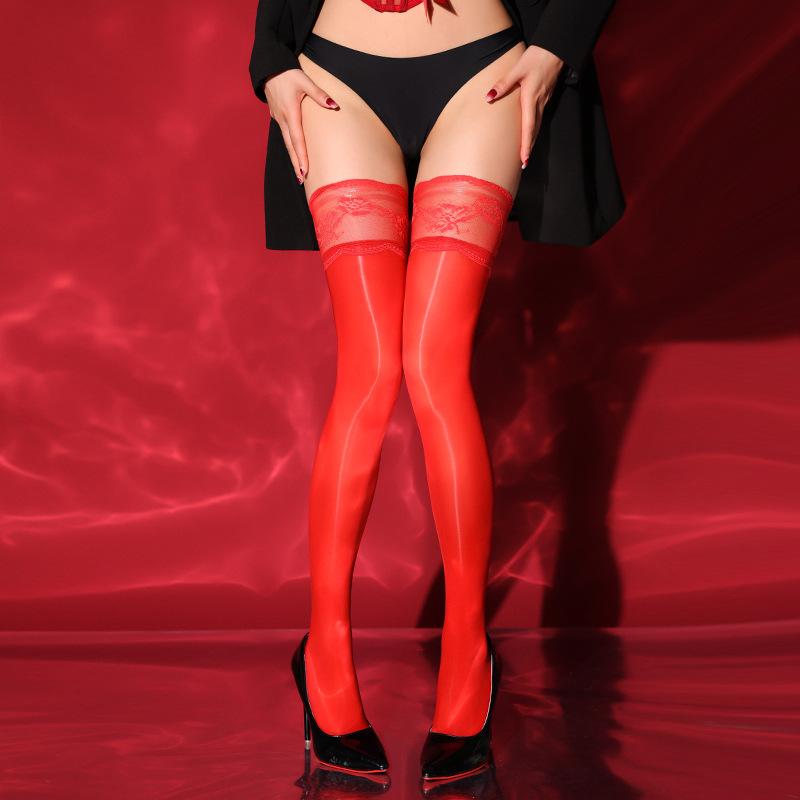 Peony Lace Trim Shiny Long Stockings for Women Sexy Silky Horse Oil Non-Slip Silicone Over-the-Knee 8D Plus Size
