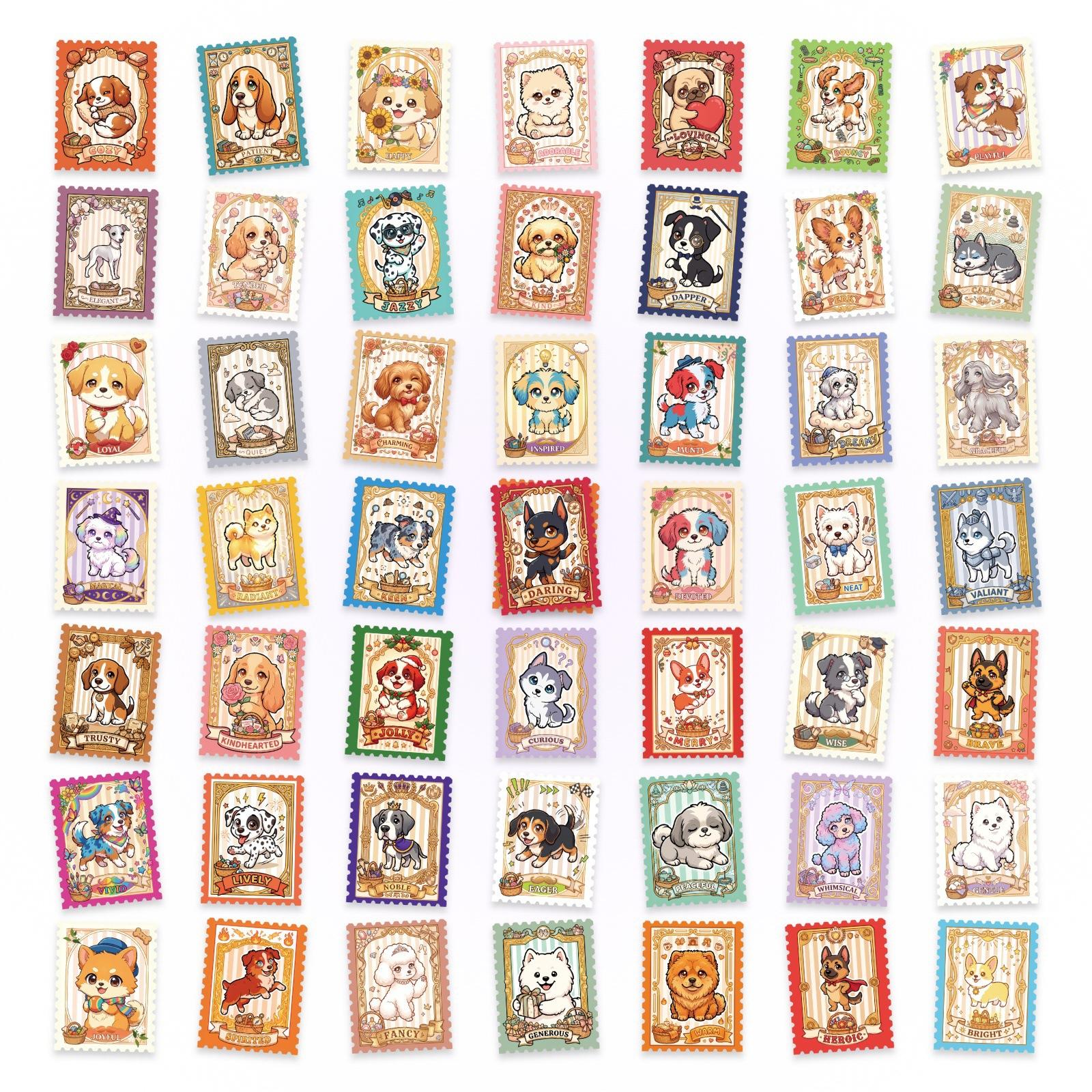

50 Retro Stamps Wind Dog Stickers Cartoon Cute Puppy Hand Account Materials For Decorative Stickers
