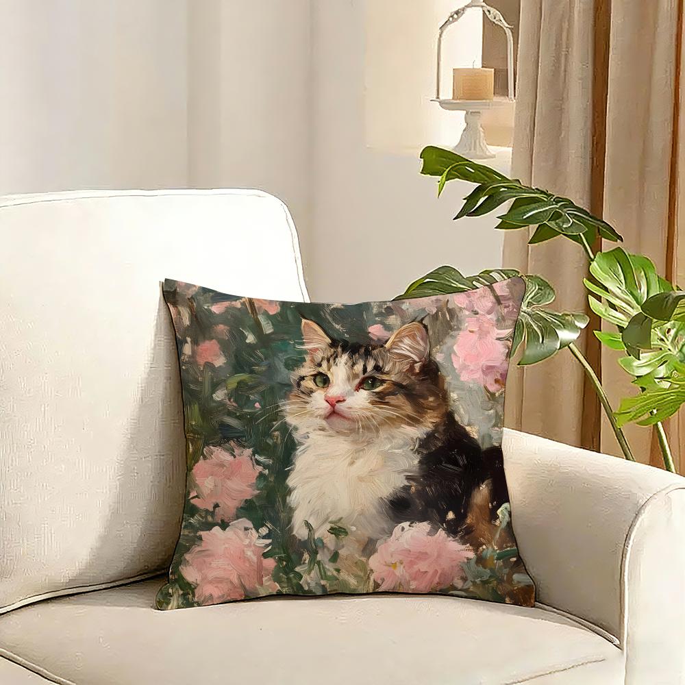 Cute oil painting colorful cat Cushion Cover Reversible Plush Pillow Cover Soft Fluffy Home Decor for Sofa Bedroom