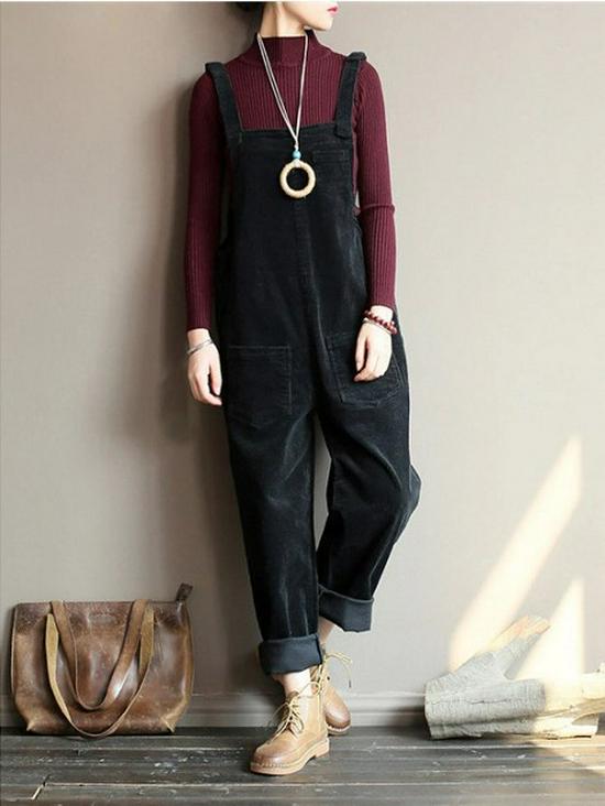 Spring Corduroy Solid Color Casual Long Overalls