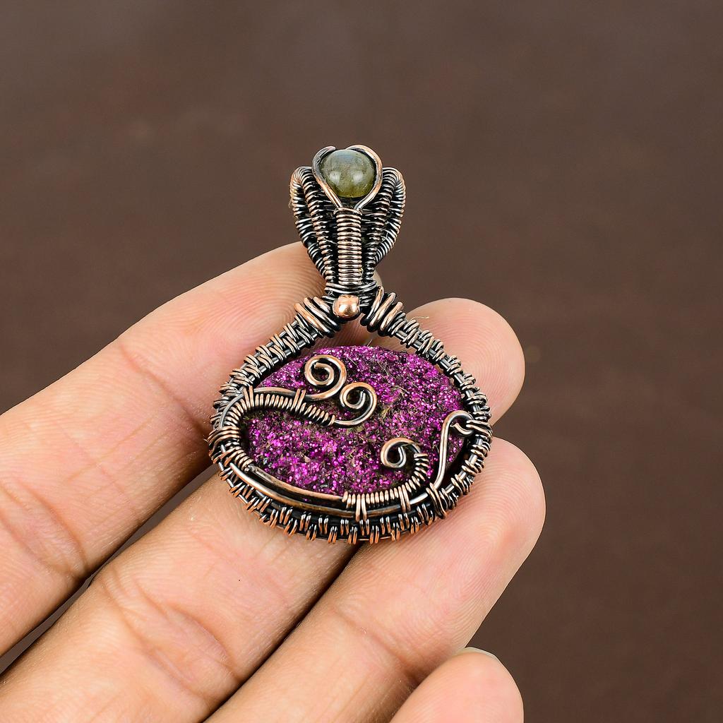 Natural Titanium Druzy, Labradorite Gemstone Copper Wire Wrap Pendant 1.77" u5U28