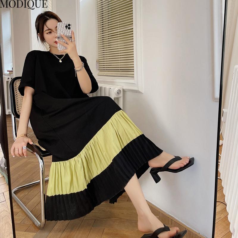 MODIQUE Sommer Plus Size Neue Damen Lose Minimalistische Streifen Plissee Patchwork Lange Kleider Weibliche Casual Kurzarm O-Ausschnitt Kleider