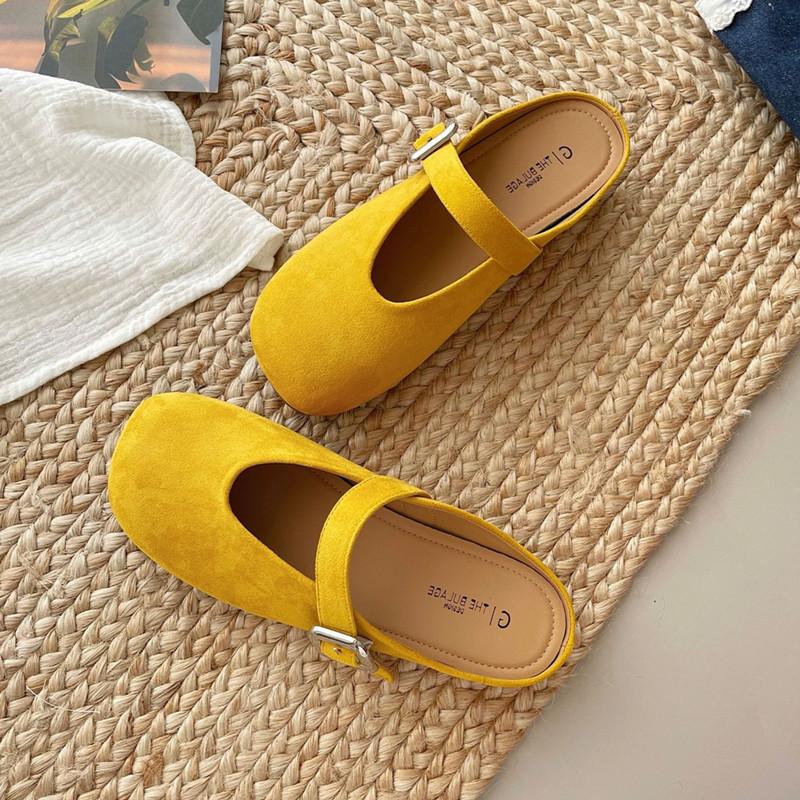 

Fashion Cute Rainbow Color Flat Mules Slippers Women Faux Suede Belt Buckle Design Slide Sandals Summer Non-slip Comfort Women Loafers 39 жёлтый