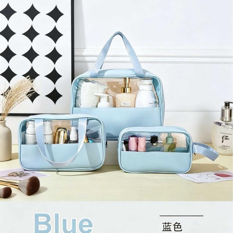 3-Piece Makeup Bag Set Large Capacity Waterproof PU Travel Organizer Transparent Design