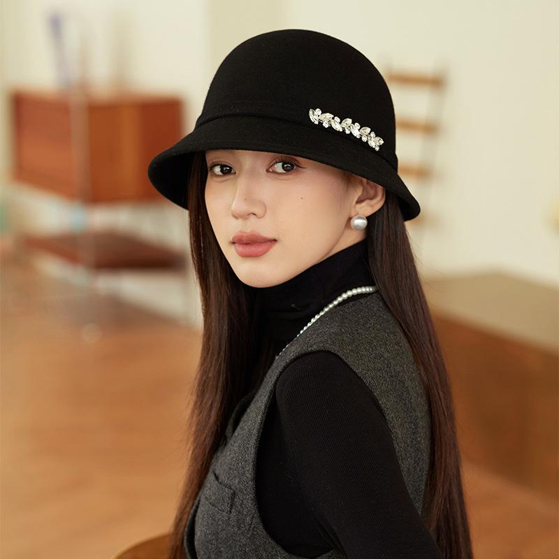 Wool Top Hat Women'S Autumn And Winter New Black Felt Hat Retro Fashion Versatile Bucket Hat Woolen Basin Hat Women'S Winter