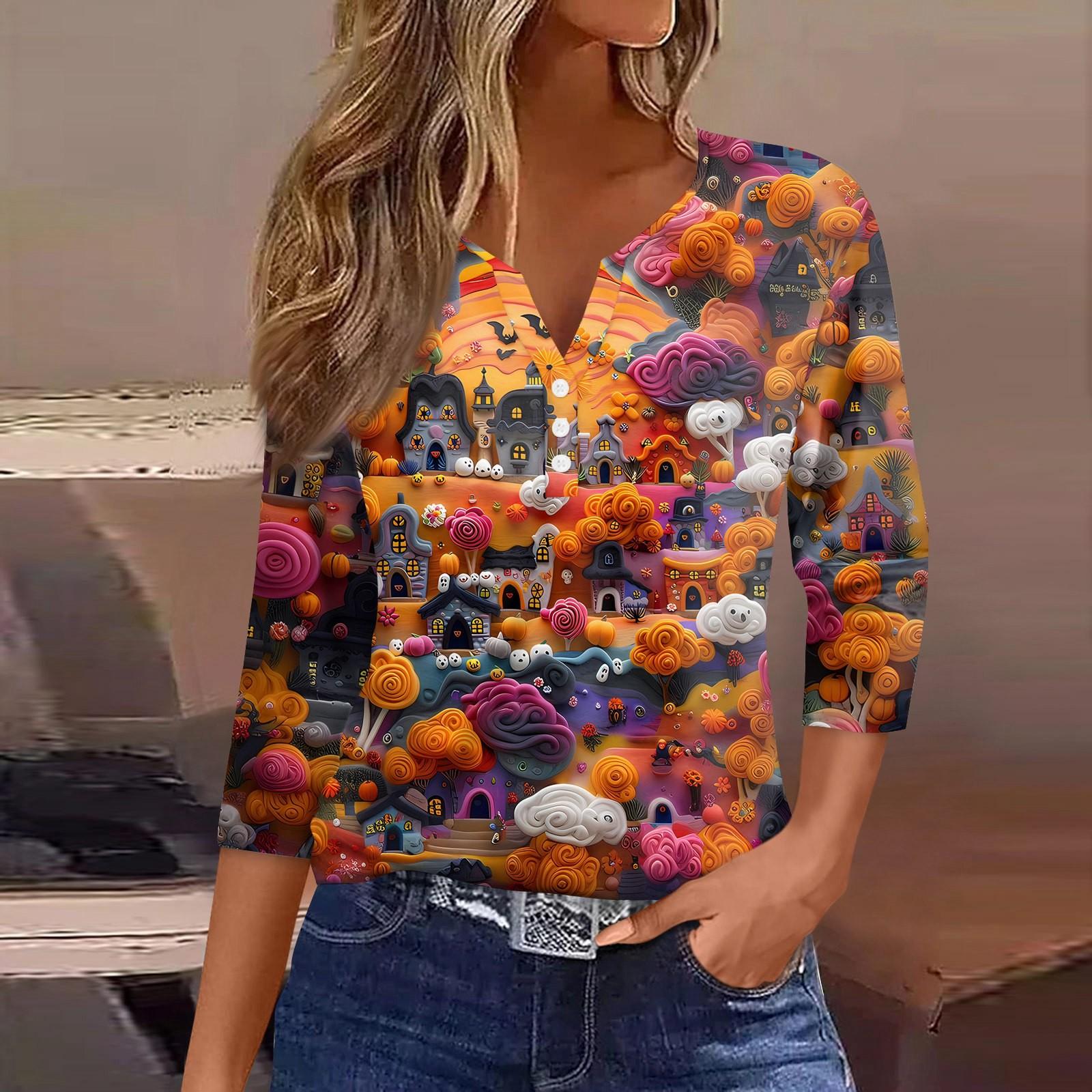 

Женская футболка с принтом на Хэллоуин, на пуговицах, рукав 3/4, повседневная мода на выходные, базовый топ с V-образным вырезом S