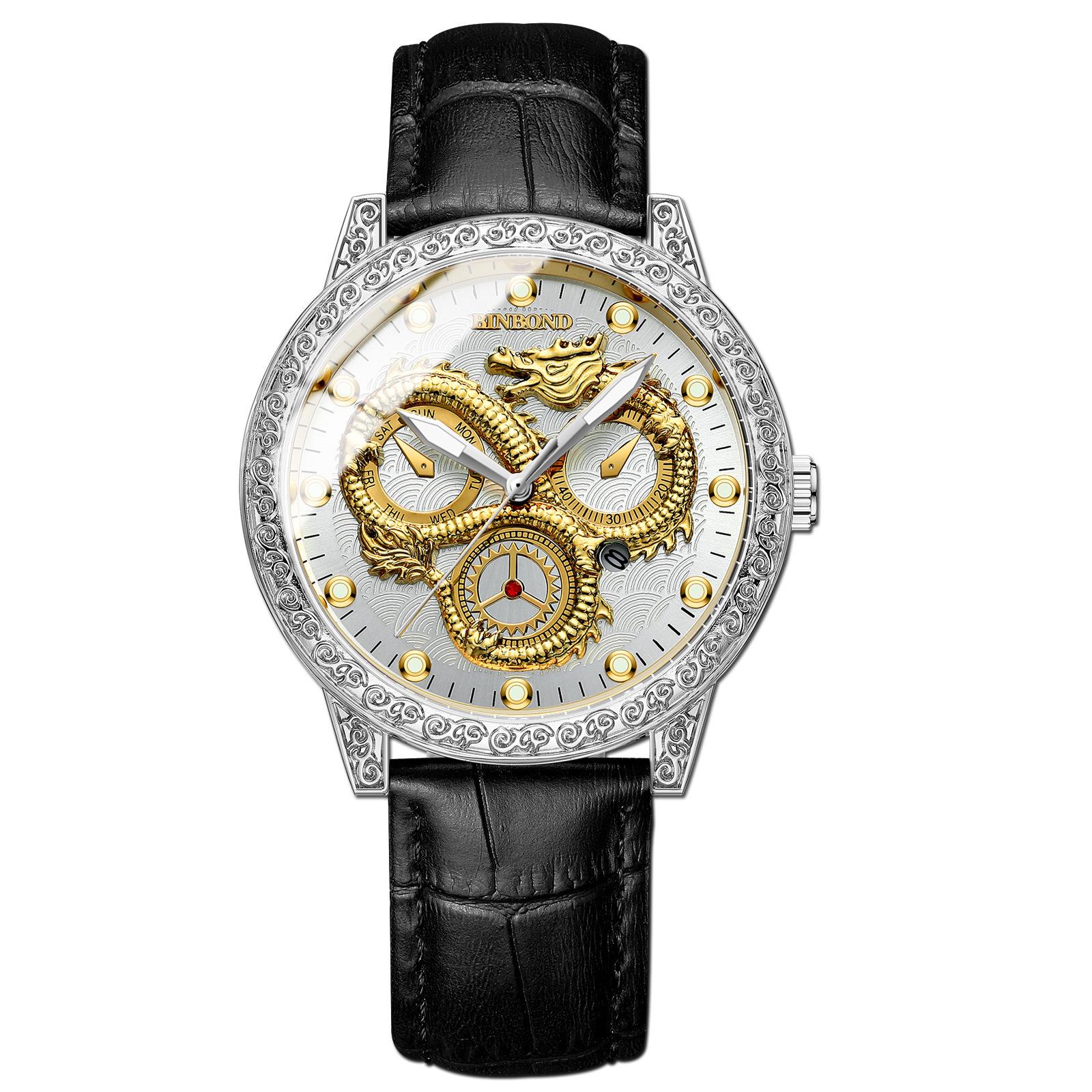 BINBOND Dragon Luminous Men s Gold Embossed Waterproof Quartz Watch