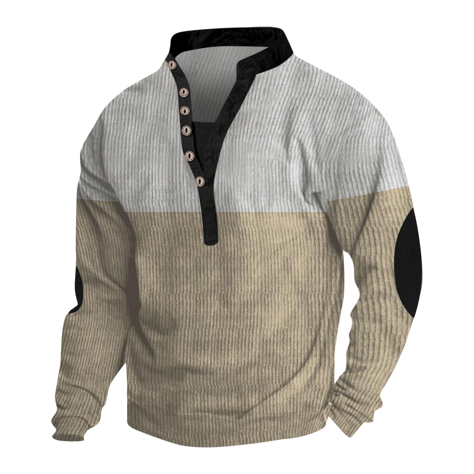 

Мужская однотонная свободная футболка с длинным рукавом и V-образным вырезом на пуговицах L