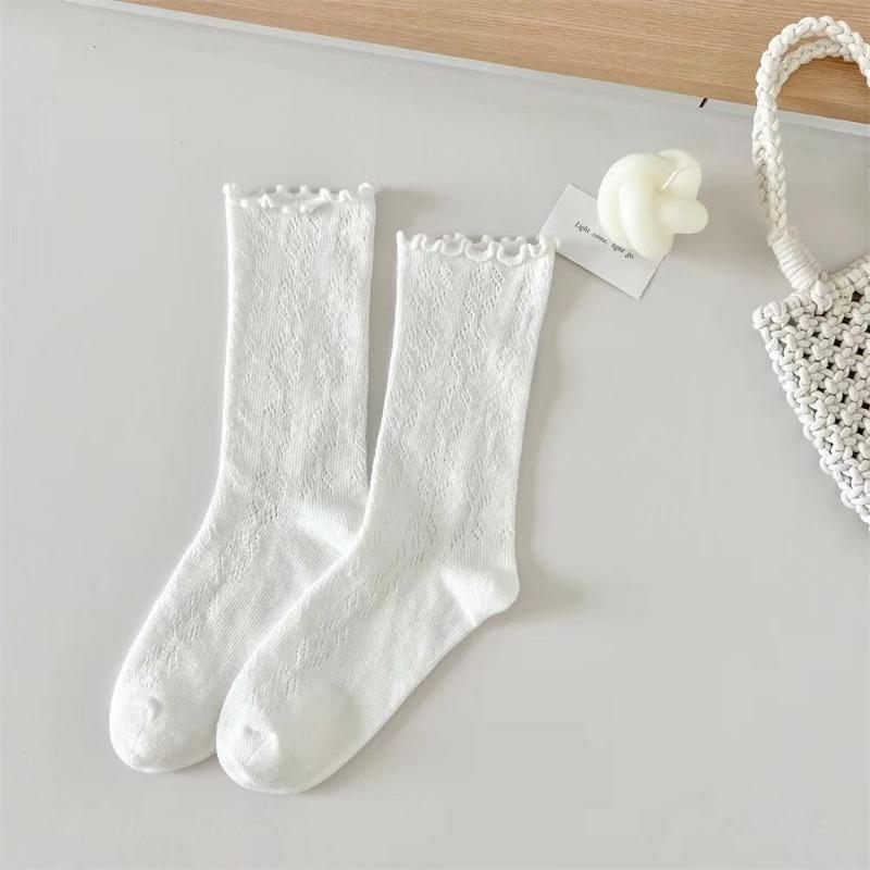 Women Socks with Lace Trim Hollow-Out Mesh Breathable Slouch Summer Spring Socks Solid Color Trendy and Versatile for Ins