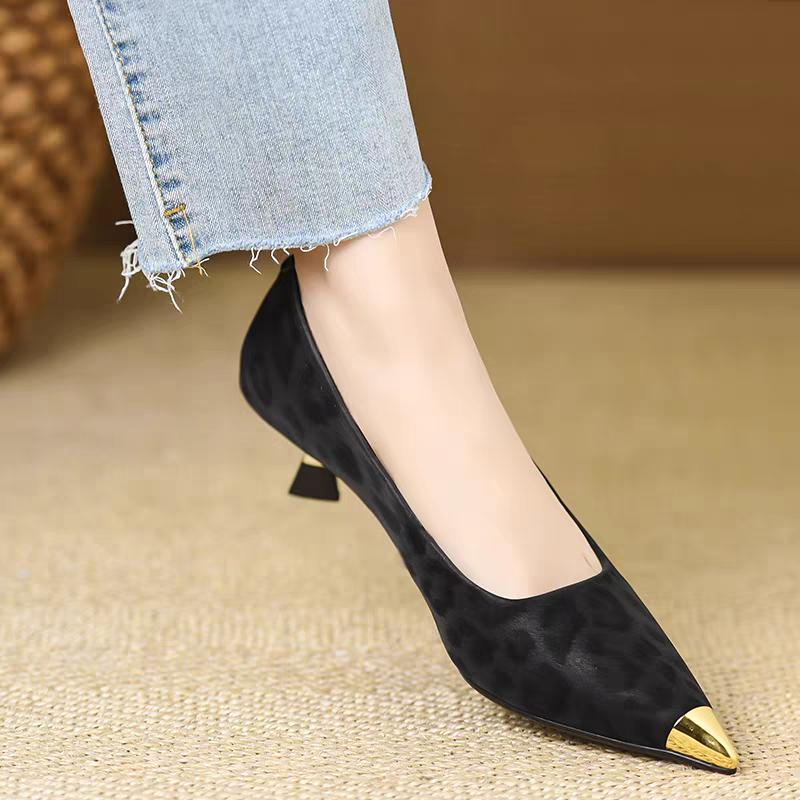 Stiletto Single Shoes Autumn New Metal Pointed Toe Shallow Mouth Leopard Print Slip Anti-slip Wear-resistant Kitten Heels