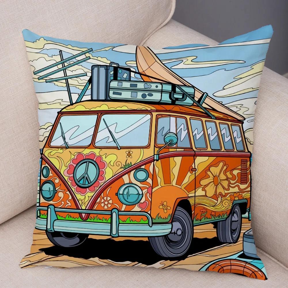 Pillowcase Happy Camper Cartoon House Travel Car Cushion Cover Sofa Home Super Soft