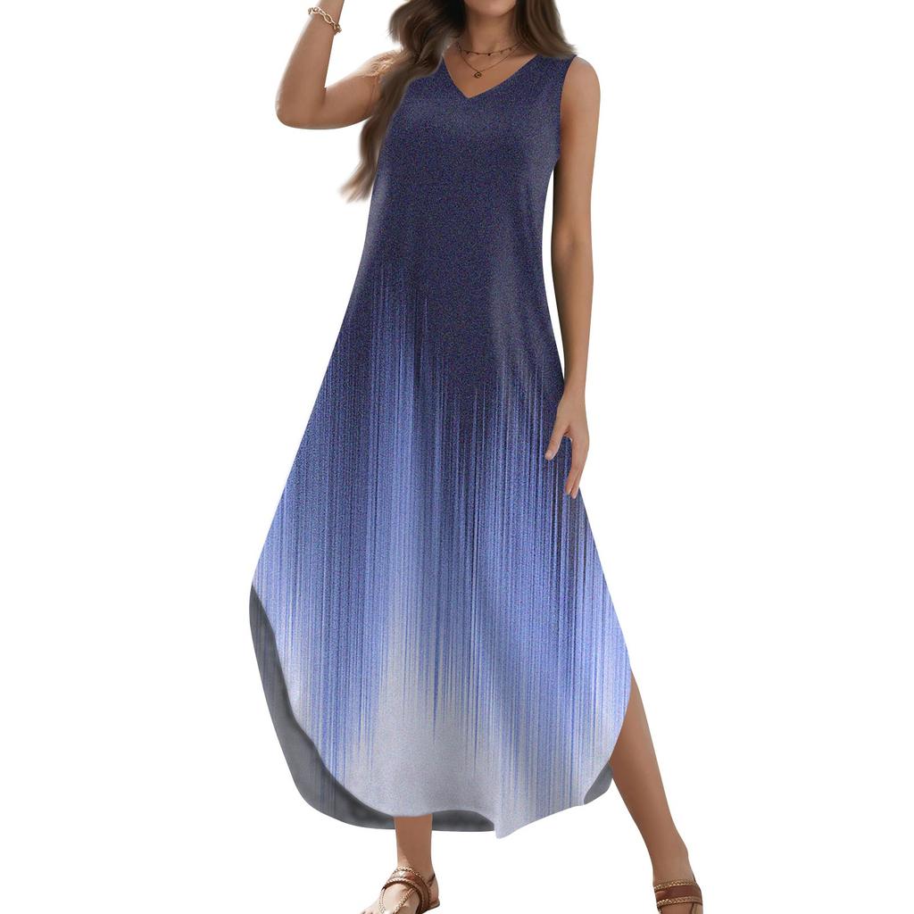 Women's 2024 Summer Casual Loose Sundress Long Dress Print Sleeveless V Neck Split Tshirt Maxi Dresses