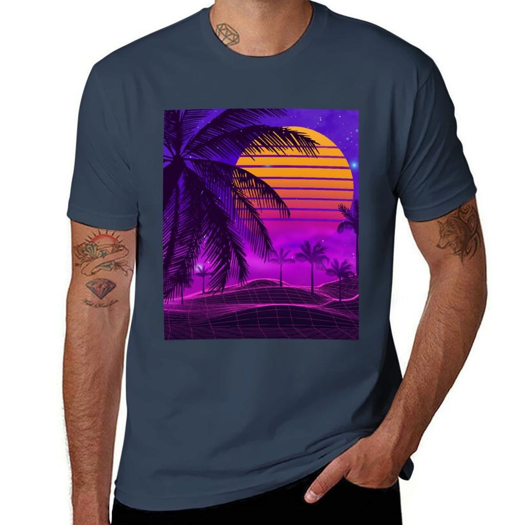 80s sunset synthwave TShirt Plus Size Simple Casual Top