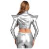 S-3XL Women Iridescent Metallic Crop Jacket Long Sleeve Structured Shoulder Boards Stand Collar Front Zipper for Club Raves Party
