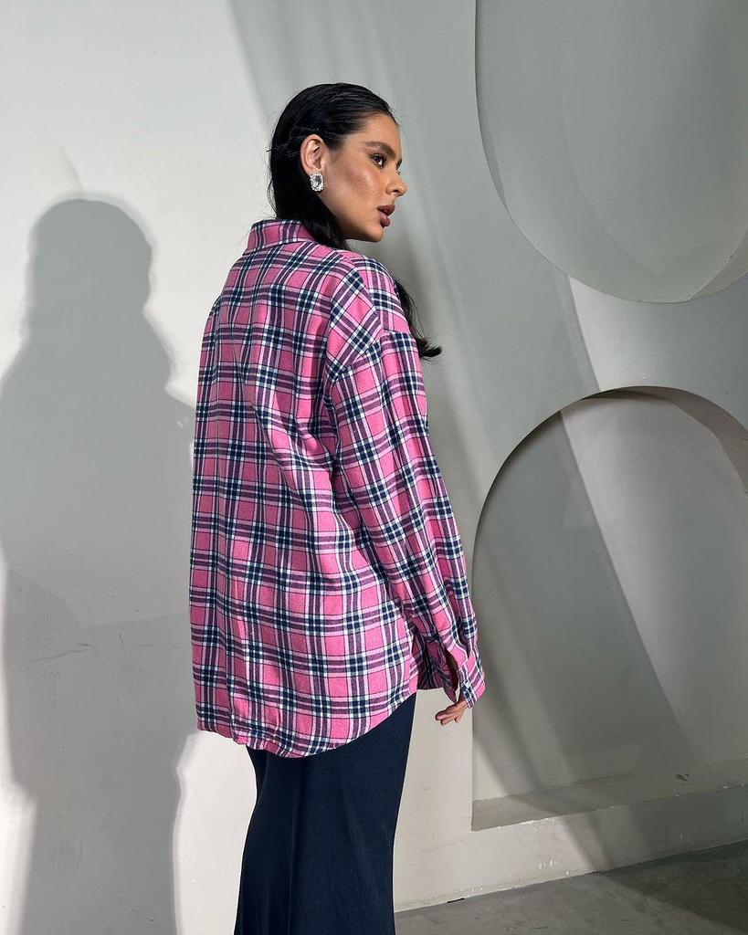 2024 Autumn Women's Retro Plaid Loose Lapel Shirt with Long Sleeves and Pocket