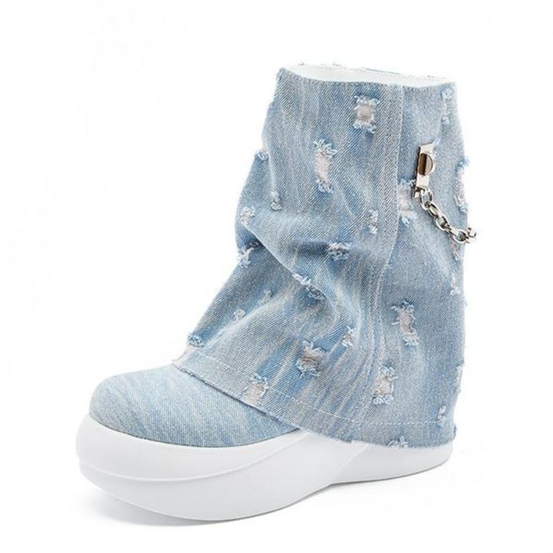 Fashion 6cm Women Ankle Boots 2 Inch Platform Heel Booties Denim Comfortable Blue Black Spring Autumn Women Fashion Boots Mid Calf