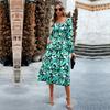 Women Elegant Floral Printed Long Dress High Waist Puff Sleeve Square Neck Autumn Winter Fashion