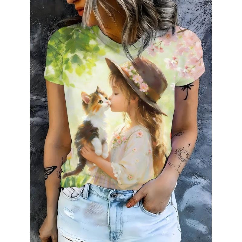 3D Printed Cute Cat T Shirt For Women Girl Jesus Pattern T-Shirts Summer Fashion Round Neck Loose Tops Street Short Sleeve Tees