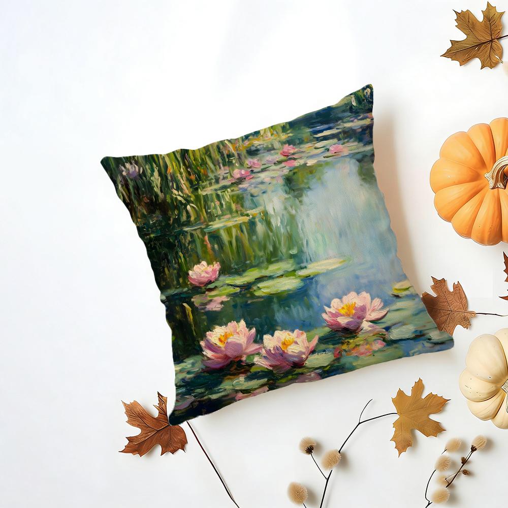 MMonet Water Lilies Cushion Cover Washable Linen Pillowcase Soft for Daily Sofa Bed Home Room Decor