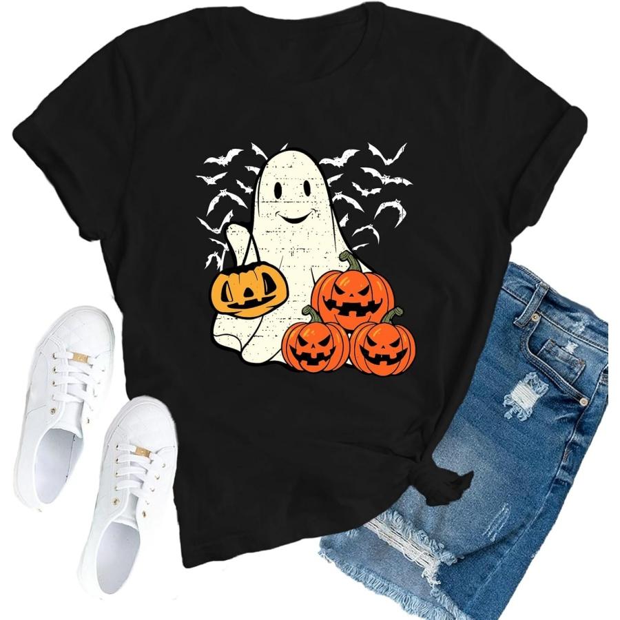 Womens Halloween Shirt Ghost Pumpkin Tshirt Halloween Night Bat Fall Season Tee S