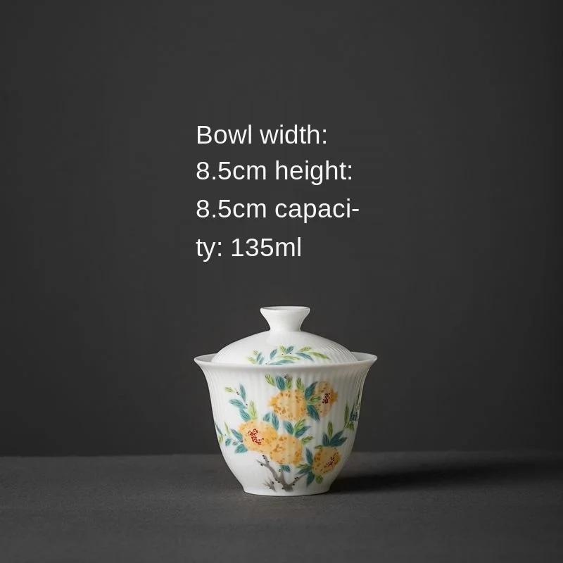 

White Ceramic Lidded Bowl Mutton Fat Jade Tea Bowl Hand Painted Blue and White Gaiwan Household Kung Fu Bowl