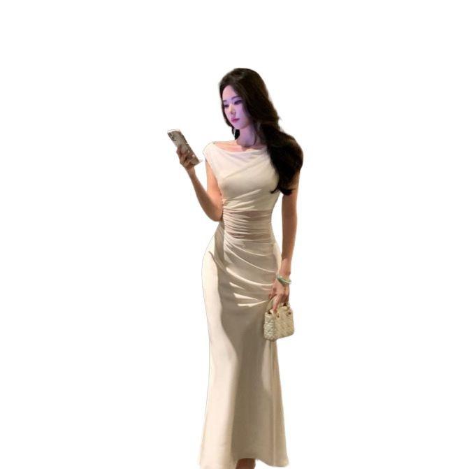 French high-end mesh splicing satin dress temperament celebrity waist slim banquet dress female summer