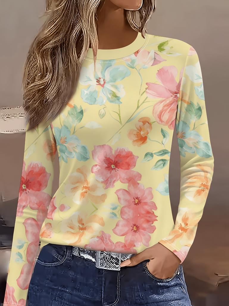 Vintage Floral 3D Print Women's Crew Neck Long Sleeve T-Shirts Comfortable Fashion Tops Tee Y2k Clothes Harajuku Female Clothing