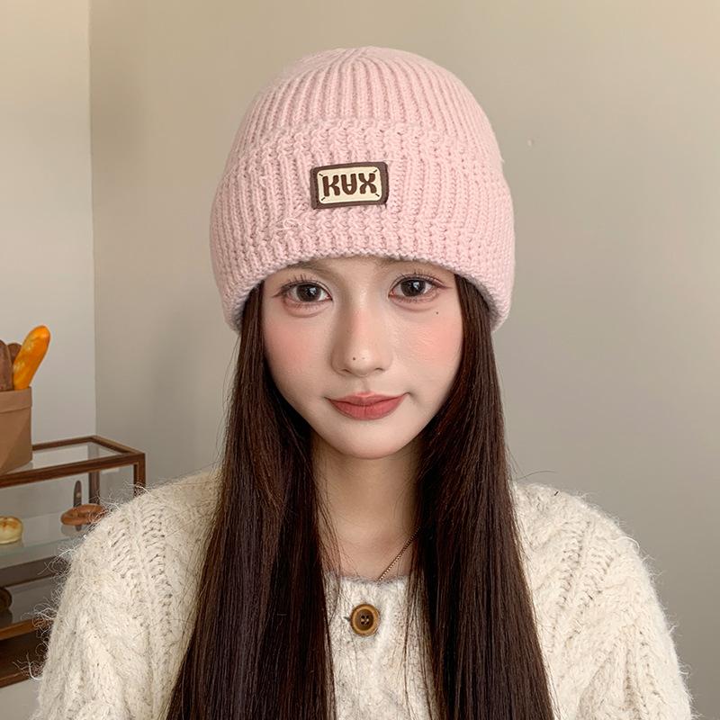 New Style Pile Hat Letter Patch Pullover Hat for Women Autumn and Winter Korean Style Versatile Small Woolen Knitted Hat Showing Face