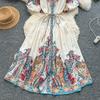 Summer Women Plus Size Turn-down Collar Lantern Sleeve Vintage Print Shirt Loose Lace-up Dresses