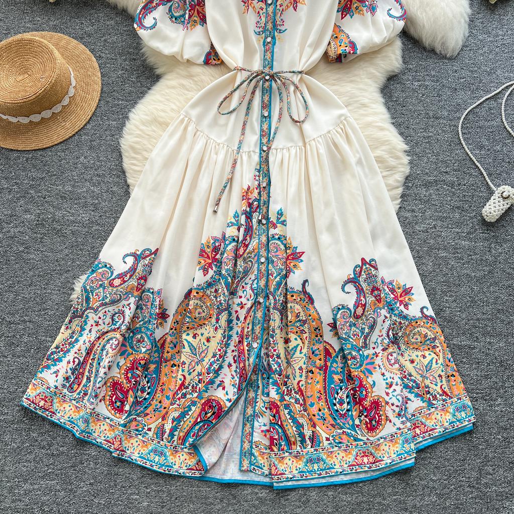 Summer Women Plus Size Turn-down Collar Lantern Sleeve Vintage Print Shirt Loose Lace-up Dresses
