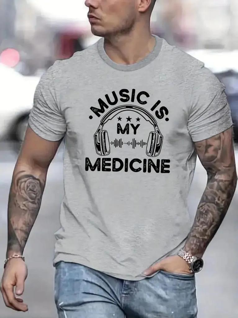 """Muziek Is Mijn Medicijn"" T-shirt - Comfortabel Katoen, Levendige Graphics, Zomerse Casual Kleding"