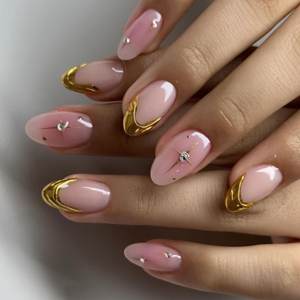 24PCS 3D Golden French False Nails Pink Blush Gradient Simple Star Patterns Press On Nails Sweet Almond Fake Nails Wearable Tips