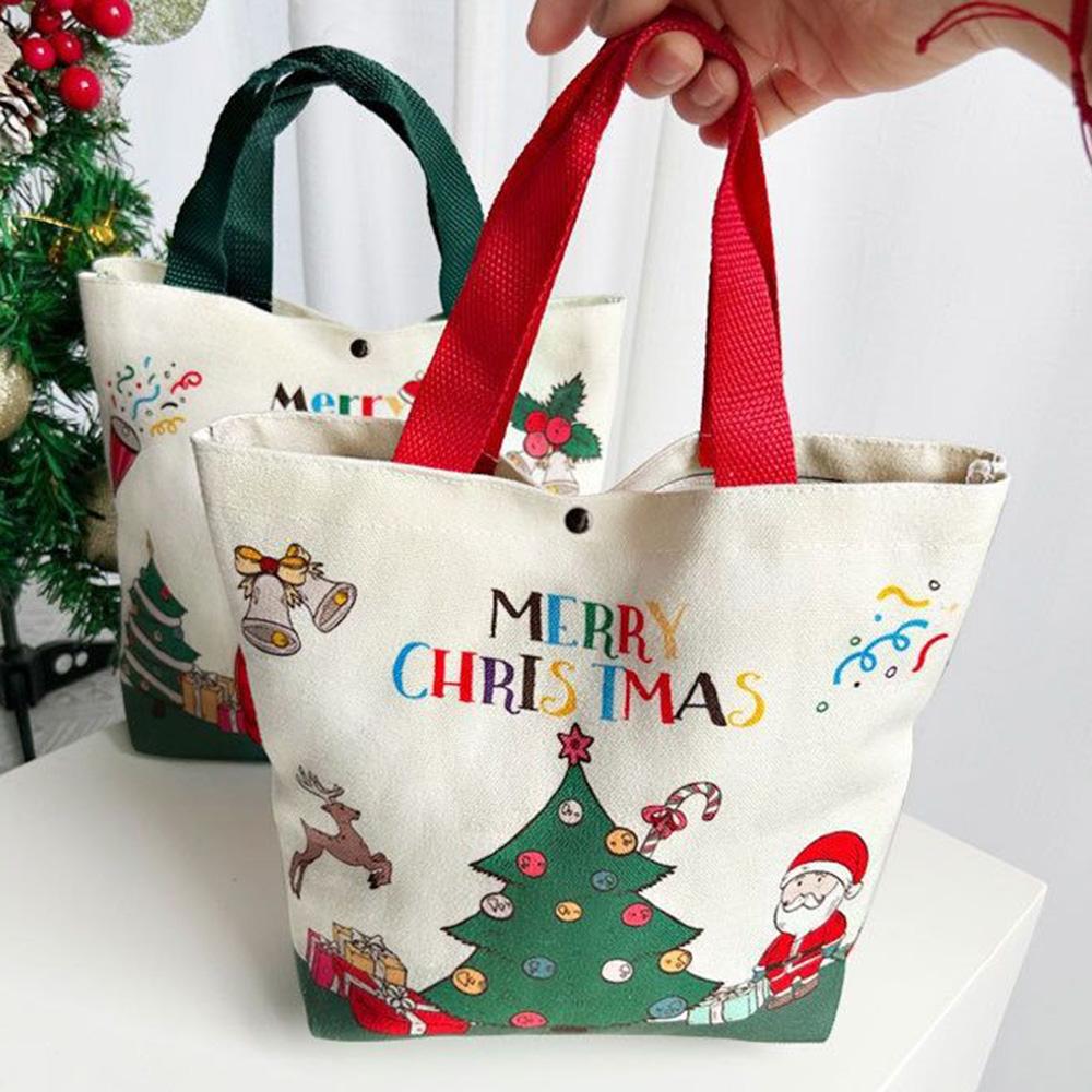 Christmas Gift Bag Canvas Handheld Cartoon Santa Xmas Tree Elk Design for Natal Navidad New Year 2026 Party Favor