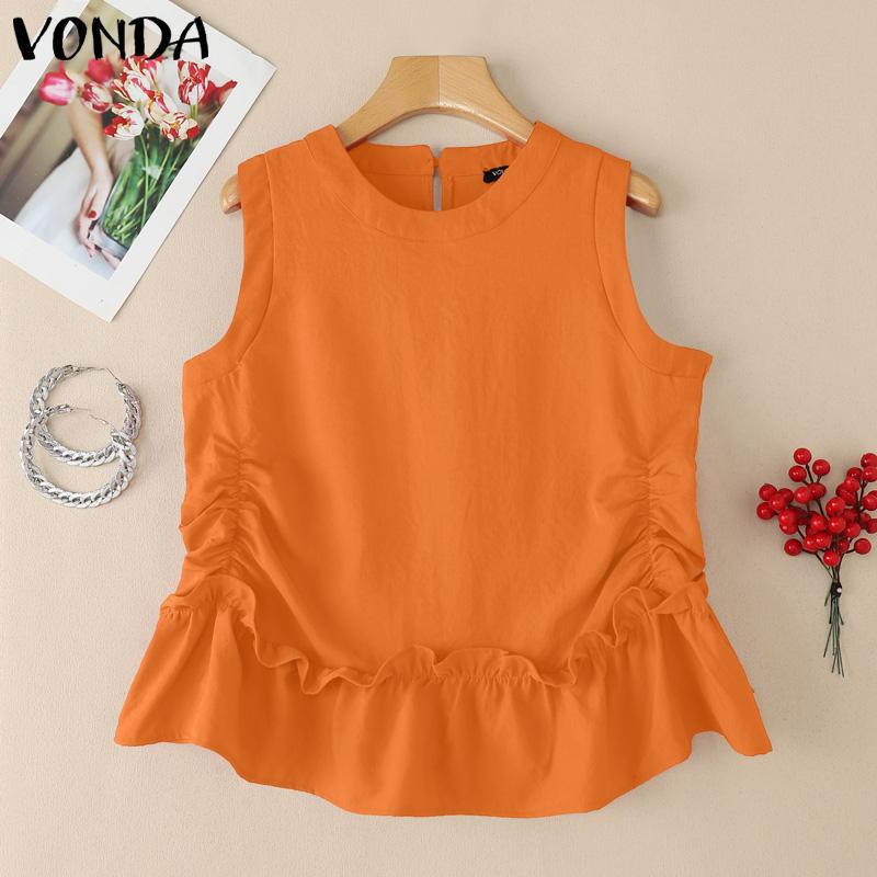 VONDA Women Round Neck Sleeveless Ruffled Twisted Hem Casual Tank Tops