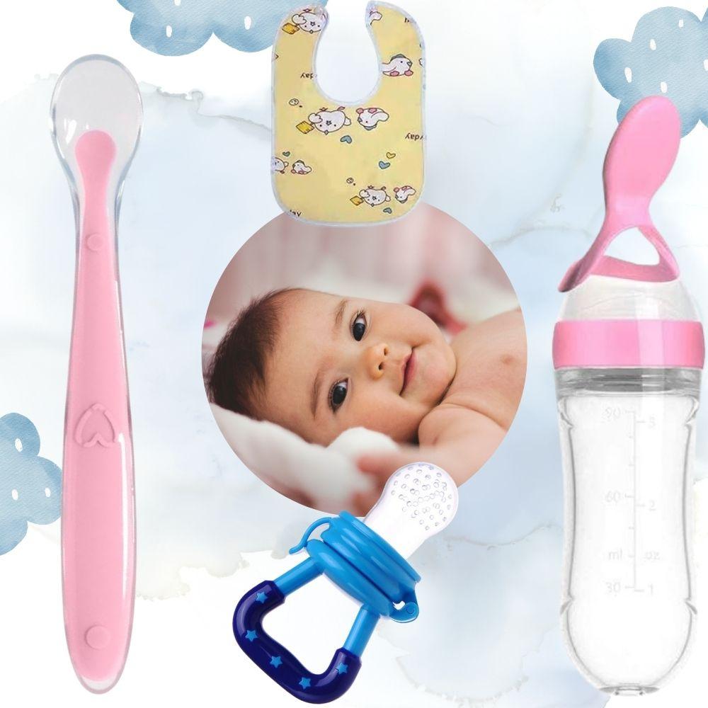 Baby Feeding Combo – Spoon Feeder Bottle, Fruit Feeder, Silicone Bib & Feeding Spoon (Pack of 4)