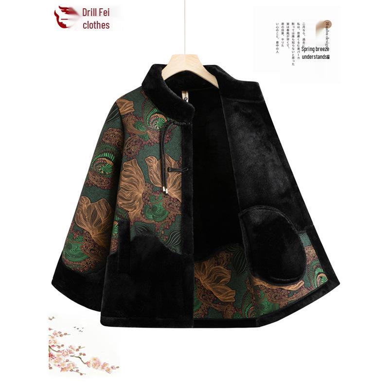 Winter Velvet Thickened One-Piece Fur Coat with Chinese Frog Buttons for Middle-aged and Elderly Women