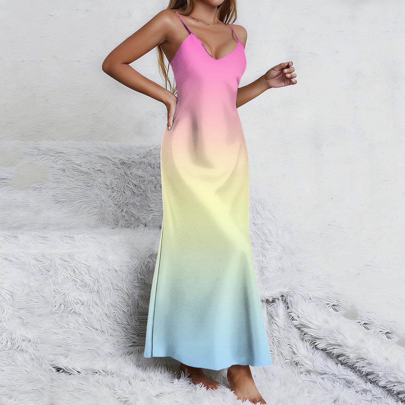 

Sleeveless Spaghetti Strap Maxi Dress with Gradient Print V Neck Casual Loose Fit Long Dress for Women XL жовтий