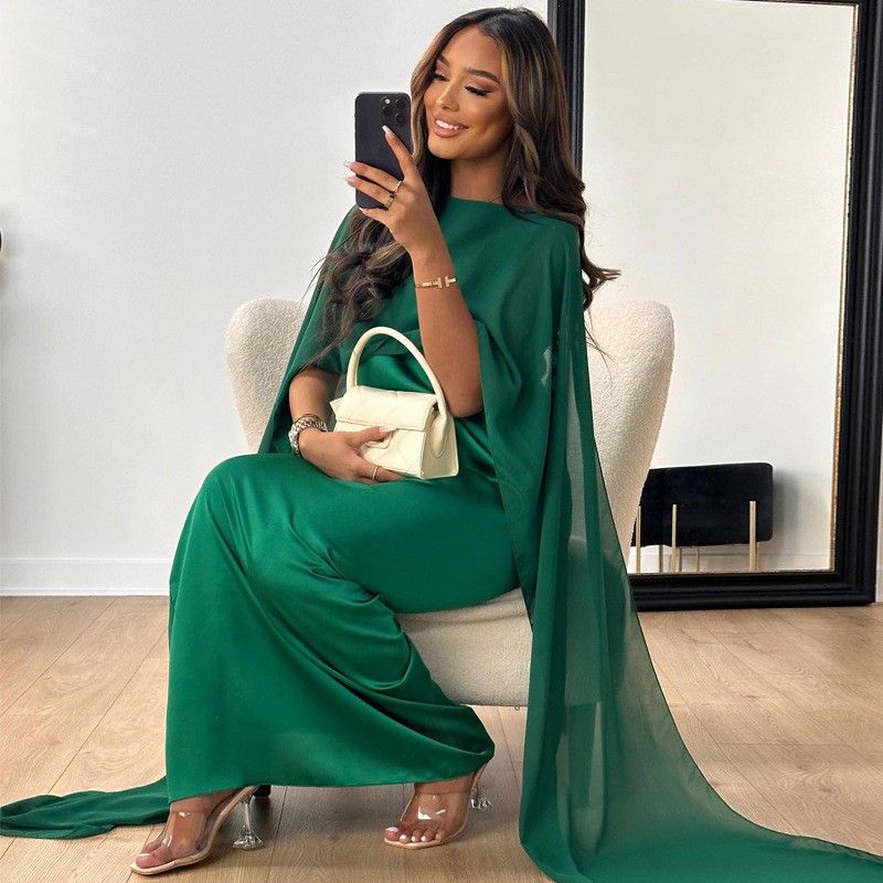 2025 Spring and Autumn Chiffon Satin Cross-Border Women Shawl Sleeve round Neck Solid Jumpsuit Long dress Long Shawl Dress
