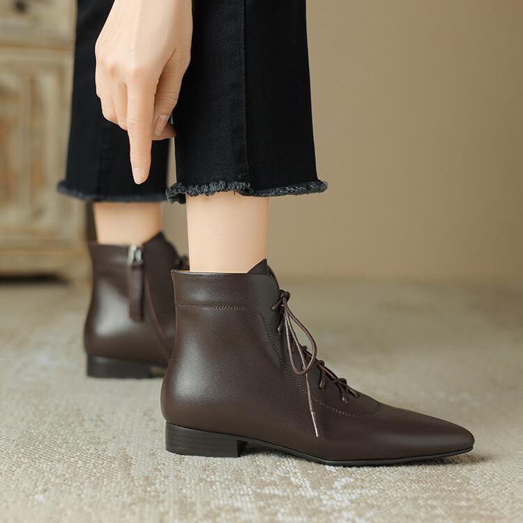 Μόδα 2025 Νέες Χειμερινές Γυναικείες Μπότες από Γνήσιο Δέρμα Μυτερές Μπότες με Χοντρό Τακούνι για Γυναίκες Χαμηλά Τακούνια Κοντές Μπότες Συνοπτικά Γυναικεία Παπούτσια