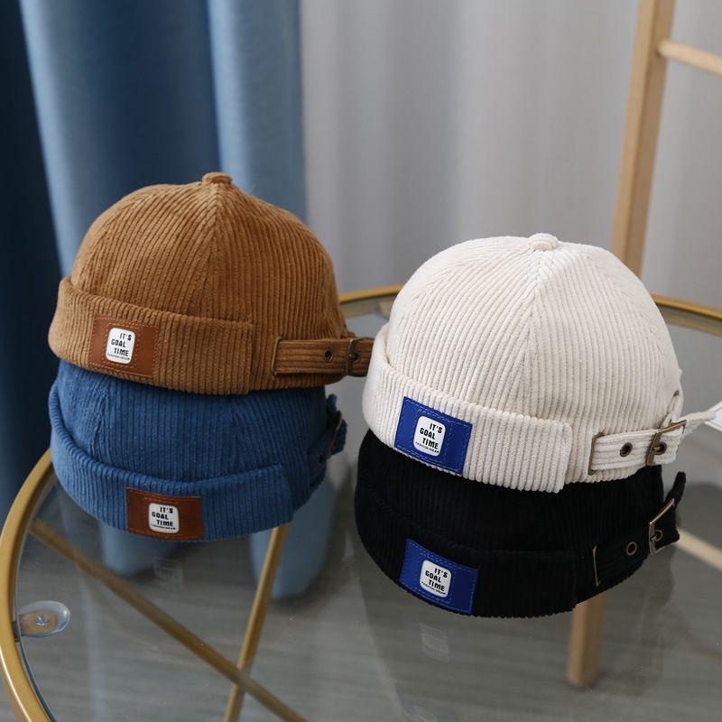 Retro Corduroy Brimless Docker Cap For Men Women Solid Color Adjustable Landlord Docker Cap Streetwear Hip Hop Hats Dome Hats