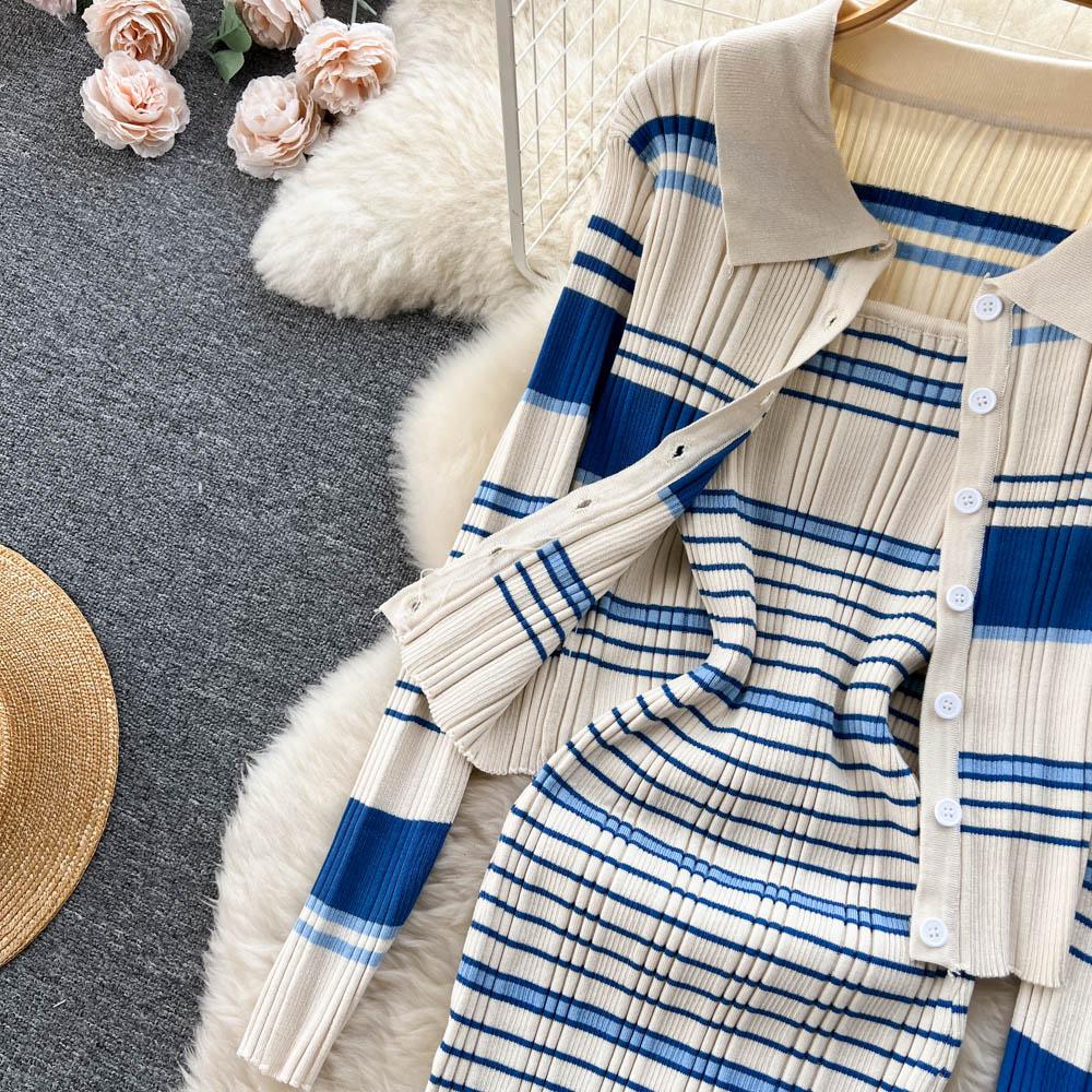 Autumn and Winter Small Fragrant Wind Stripes Collision Color Sexy Lapel Striped Knit Shirt Plus Halter Dress Two-piece