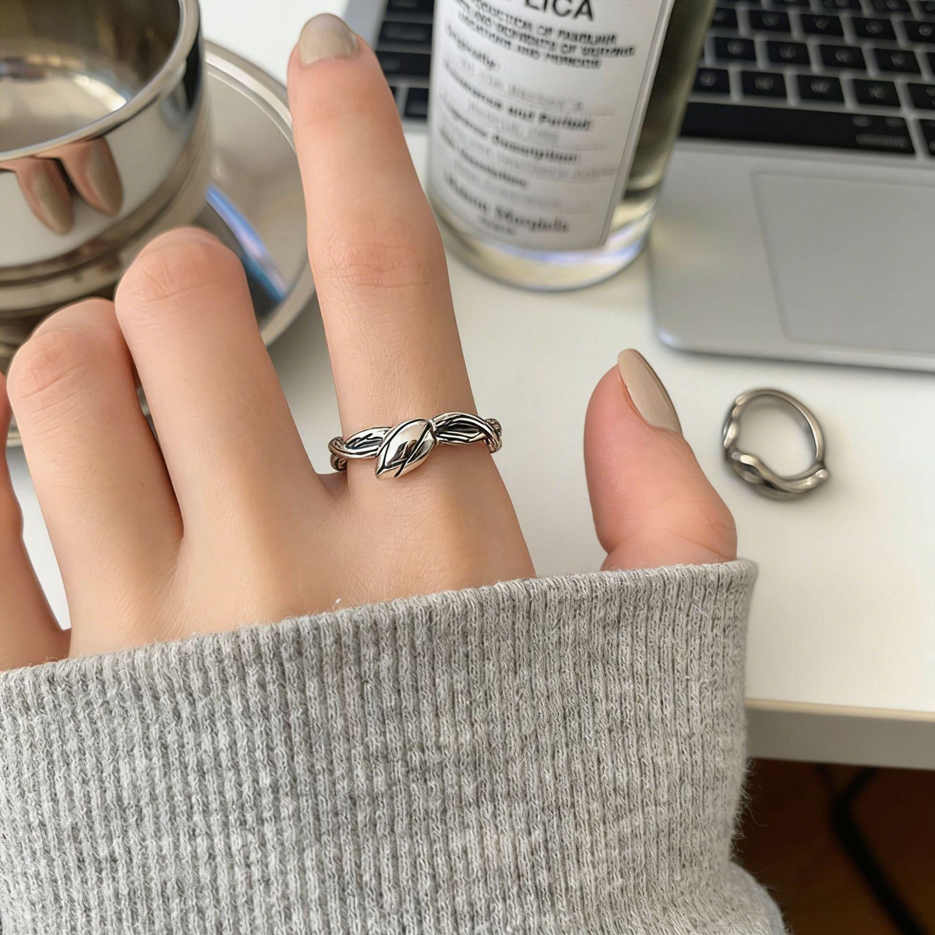 

PANJBJ 925 Sterling Silver Flower Branch Rings for Women CoupleTexture Design Versatile Open Jewelry Gift Prevent Allergy